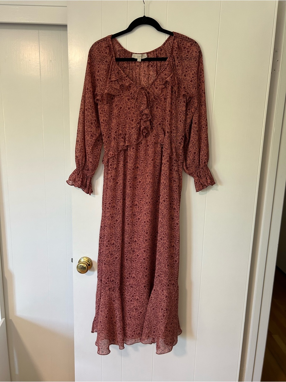 LOFT Dusty Rose/Mauve Floral Ruffle Maxi Dress with Slip - Size Medium Petite